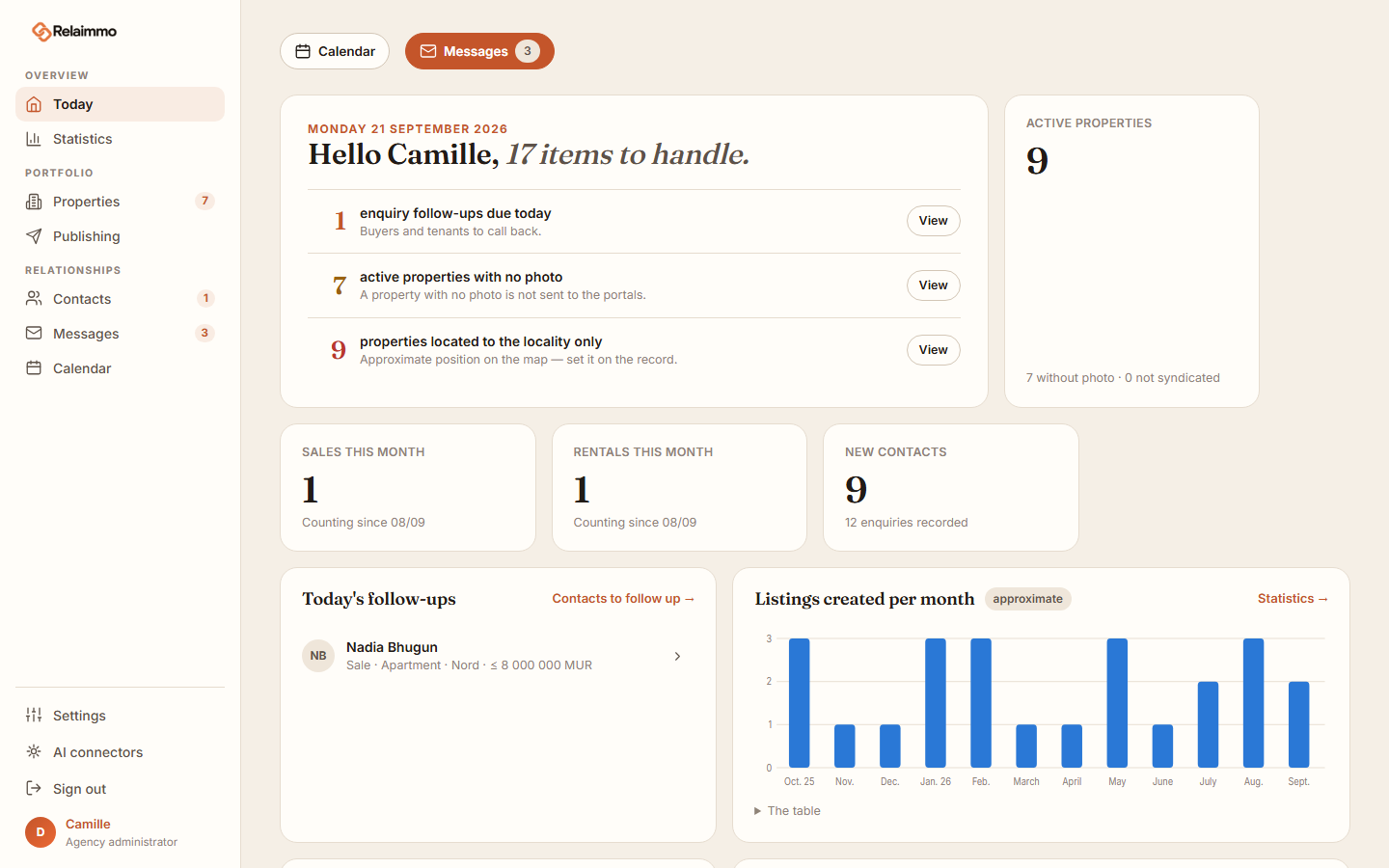 The Today screen of Relaimmo: what to handle