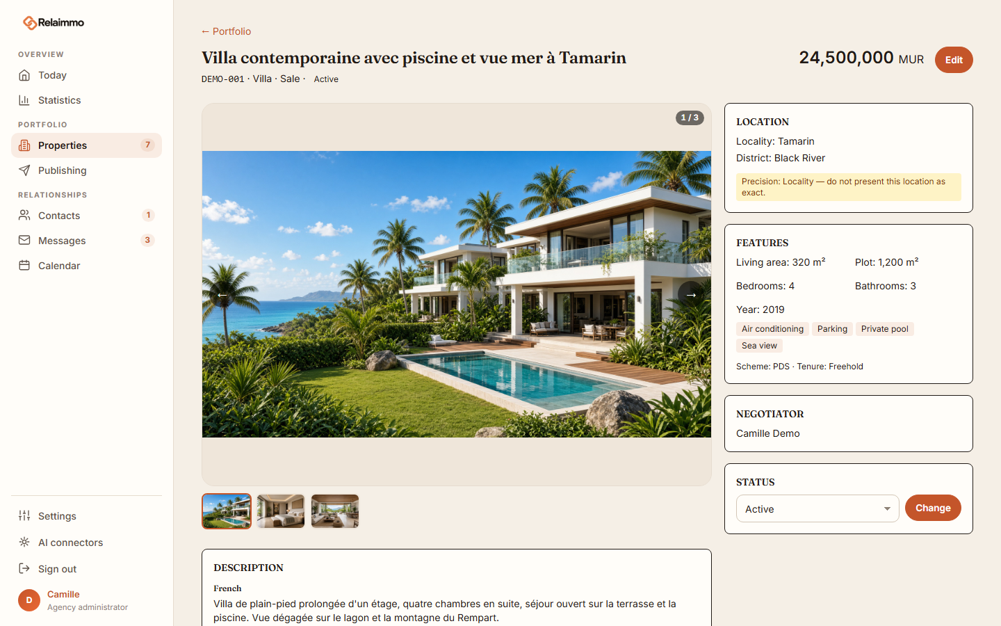 The record of a villa with its photos