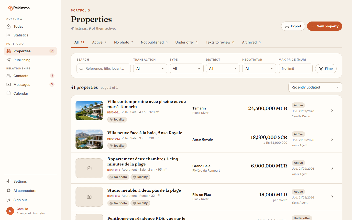 The list of properties