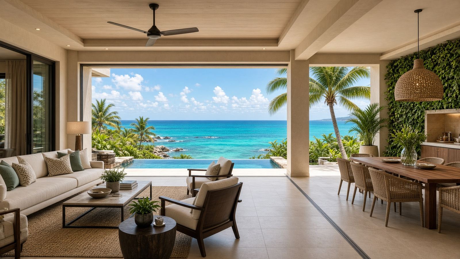 Open living room looking onto the sea